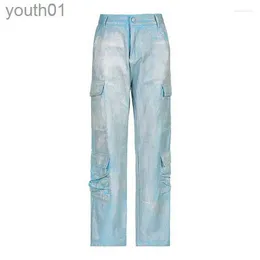 Jeans femininos femininos jeans revestidos gloy deign high esperado tyle traight tubo plicing múltiplo bolso pesado indústria tendência fahionable denim 240304