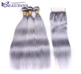 حزم Beau Diva Silver Gray مع الإغلاق Remy Peruvian شعر مستقيم مع حزم شعر الإنسان مع إغلاق الدانتيل 446325106