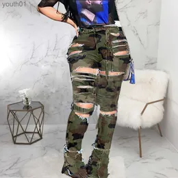 Damen-Jeans, ausgestellt, Camouflage-Jeans, hohe Taille, weibliche Boot-Cut-Jeans mit enger Taille, zerrissene Denim-Jeans für Damen, Übergröße # G5 240304