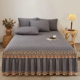 Korean style minimalist cotton bed skirt three piece set thickened anti slip cover lace sheet mattress protective 240227