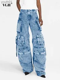 سراويل جينز للسيدات جينز vgh patchwork pocket denim cargo pants for women high weist solid sligned button disual lose fashion fashion 240304