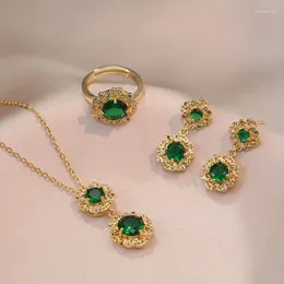 Necklace Earrings Set Bridal Gree Stone Round Zircon Big Flower Drop Ring Pendant Stainless Steel Clavicle Necklaces For Women