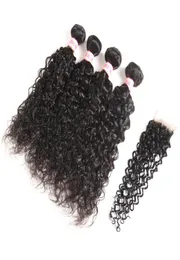 Brazylijska Mongolska Peruwiańska malezyjska fala wodna Virgin Hair Bundle z zamykaniem ludzkich włosów z 44 koronkowymi zamknięciem 16668784