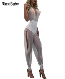 Whole Sexy Beach Party Lace Up Halter Mesh Rompers Women Jumpsuit Summer Deep V Neck Backless Side Split See Through Overalls2241935