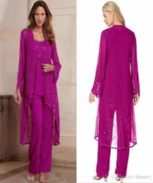 Modern Fuchsia Chiffon Mother of Bride Pant Suit For Wedding Three Pieces Formal Wear Special Endan Moderklänning med jacka6663534