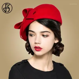 Fs elegancki 100% wełniany Feed Fedora Białe czarne kobiety czerwone czapki Fascynatorzy Weselne Kobiety Bowknot Beret Caps Pillbox Hat Chapeau1285f