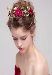 Vintage Wedding Bridal Tiara Burgundia Flower Crown Headband Rhinestone Hair Akcesoria Jewelnia Jewelnia biżuteria Rose Party Headd6528017