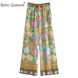 Capris Boho Queens Women Peacock Floral Print Bohemian Wide Leg Pants Lad