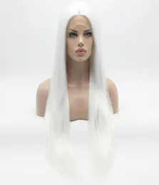 Iwona cabelo liso extra longo peruca branca 221001 meia mão amarrada resistente ao calor perucas sintéticas dianteiras 6382608