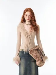 Cardigans Eleganti Vneck Vneck Lace Up Furry Plush Women Women Spring Top Top Top Long Maniche