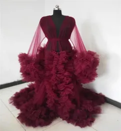 Real Image Women Night Gown Pajama Dark Red Bathrobe Bride Sleepwear Ruffles Soft Tulle Robes Custom Made Pregnant Dress5581939