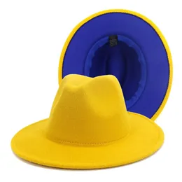 Fashion Yellow Blue Patchwork Wool Felt fedora hattar för män kvinnor 2 ton hatt olika färgklänning hatt panama jazz trilby cap269r
