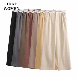 Pants TRAF WOMEN 2023 Spring New Flip Waist Details Decoration Wide Leg Pants Elegant Neutral Wind High Waist Female Trousers 07102400