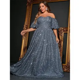 Plus Size OffShoulder ShortSleeved Gray Silver Sequined Shiny Long Loose Evening Dress 4xl 5xl Big Birthday Luxury 240301