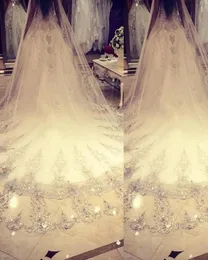 2022 imagem real bling cristal catedral véu de noiva luxo longo laço apliques frisado personalizado branco marfim alta qualidade véus de casamento 2548152