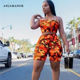 Set Anjamanor Camouflage Print Casual Two Piece Set Crop Top and Pants Summer Short Tracksuit Women Sexig BodyCon Romper D74BI19