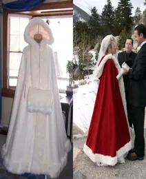 Tanie paszę ślubną przylądka ślubnego z kapitułem z kapturem z faux futrem koktajlem Czerwony biały zima długie okłady kurtka z kapturem cap6754913