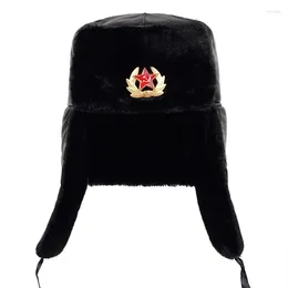 Berets Soviet Army Military Badge Russia Ushanka Bomber Hats Pilot Trapper Trooper Hat Winter Faux Fur Earflap Men Snow Caps
