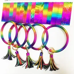 Colors PU Leather Round Tassel Bracelet Bangle Keychain For Women Trendy Rainbow Color Circle Wristlet Key Ring Wrist Strap284b