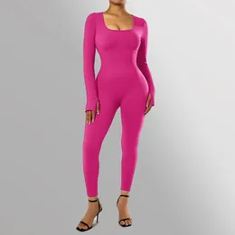 Bodycon Jumpsuit Women onepiece Opfit Long Sleeve Square Neck Playsuits Bodysuit Rompers 바지 캐주얼 스트리트웨어 240226