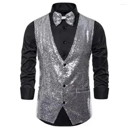 Men's Vests Men Sequin Vest Slim Fit V Neck Waistcoat With Bow-knot For Stage Performance Compere Emcee Shiny Sleeveless