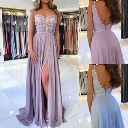 Elegant Womens Lace Dress Sexy V Neck Spaghetti Strap Long Maxi Bridesmaid Wedding Party High Slit Chiffon Sundress 240226