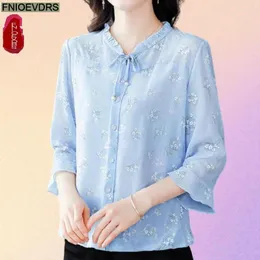 Women's Blouses M-4XL 2024 Spring V Neck Tops Women Basic Wear Office Lady Long Sleeve Floral Print Retro Vintage Pink Bow Tie Shirts