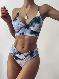 Kadın Mayo 2024 Yüksek Bel Bikini Set Bandeau Mayo Seksi Mermer Baskı Kadınlar İki Parçalar Bater Mayo Takım