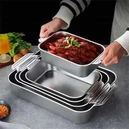 304 Stainless Steel Rectangular Baking Pan with Handle Nonstick Kitchen Fruit Bread Pastry Deepening Food Bake Tray Bakeware 240226