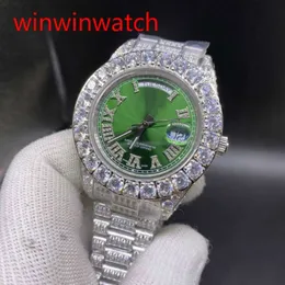 Herr Hip Hop Watch Prong Set Diamond Watch Silver Rostfritt stål Fodral Rem Grön ansikte Automatisk mekanisk klocka 43mm298g