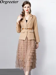 Sukienki robocze eleganckie setki spódnicy ol blezer wiosna jesienna swobodna kurtka Kobiety dwupoziomowe set elastyczne marszki talii