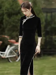 Ethnic Clothing Spring And Autumn Black Improved Cheongsam Chinese Style Retro High-end Temperament Elegant Long-sleeved Dress