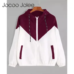 Jocoo Jolee Spring Autumn Fashion Hooded Two Tone Windbreaker Jack -dragkedja fickor Casual Long Hidees Feminino Coats Outwear 240226