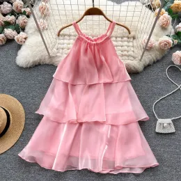 Klänningar för kvinnor 2023 ärmlös Organza Gentle Elegant Chic Midi Dress Ruffles Halter Offshoulder Korean Fashion Dropship