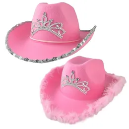 Stingy Brim Hats Pink Cowgirl för Women Cow Girl With Tiara Neck Draw String filt Cowboy Costume Accessories Party Hat Play Dress 295D