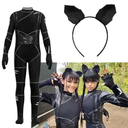 Costumes Movie Wednesday Addams Cosplay Costume Polyester Zentai Party Black Cat Addams Jumpsuit Headband Halloween Costume Women Girls