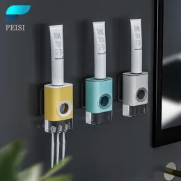 Supporti PEISI Dispenser automatico di dentifricio Montaggio a parete Portaspazzolino Portaoggetti impermeabile Set di accessori per il bagno domestico