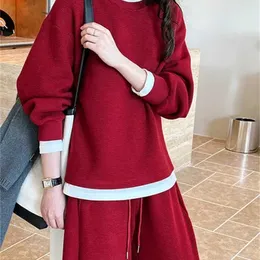 Sports suit womens autumn and winter new fake two-piece pullover hoodie wide leg pants set 0FU6