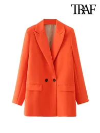 Traf Woman Moda Çift Kelime Kruvaze Ofis Giysesi Blazer Ceket Vintage Çentik Yaka Uzun Kollu Kadın Dış Giyim Şık Tops 240304