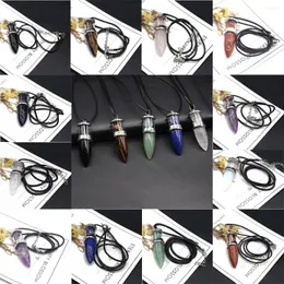 Pendant Necklaces Natural Stone Head Amethyst Tiger Eye Agate Broken Leather Rope Necklace DIY Jewelry Gift 16x52mm