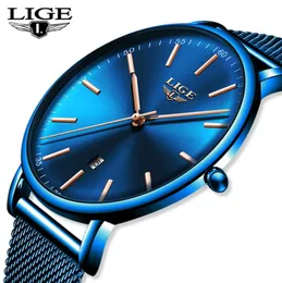 LIGE Mens Watches Top Brand Luxury Waterproof Ultra Thin Clock Blue Mesh Belt Fashon Casual Quartz Watch Men Sport Wrist Watch3631777