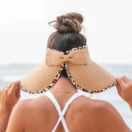 Wide Brim Hats Bucket Hats Folding Leopard Decoration Sunscreen Womens Open Top Hat Fashion New Sunshade Summer Straw Hat Sunshade Hat Sunshade Hat J240305