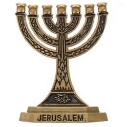 Castiçais tradicionais Chanukah Menorah 7 Ramo Jerusalém Templo Titular Judaico Israel Castiçal Taper Dourado