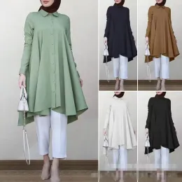 Tops muzułmański abayat stały kolor lapowy guziki guziki guziki łajdak hem abayas dla kobiet wielokolorowych koszulka damska islamska