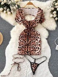 Sexy Set Dress SINGREINY Leopard Sensual Porno Underwear Women Laceup Design Backless Nightwear Short Sleeve Slim Sexy Streetwear Nig