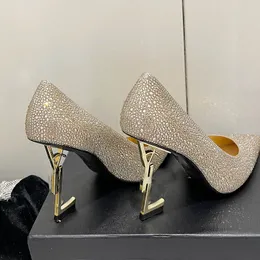 10cm Kadın Ayakkabı Tasarımcı Topuklu Kristal Slingback Pompalar Lüks Ayakkabılar Moda Mektubu Topuk Tam Yapıştırıcı Üst Ayna Kalitesi 2024 Yeni