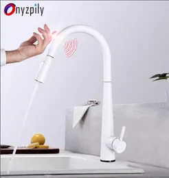 Onyzpily sensör mutfak muslukları beyaz dokunuş endüktif duyarlı musluklar karıştırıcı su musluk tek sap çift çıkış su modları t2003695828