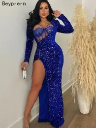 Dress Beyprern Gorgeous Reflection Sequin Maxi Dress Two Piece Set Glam Rhinestone Lace Bodysuit +Sequins Slit Birthday Dress Clubwear