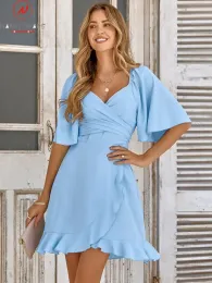 Kleid Mode Frauen Sommer Einfarbig ALine Kleid Unregelmäßige Design Rüschen Dekor V-ausschnitt Flare Hülse Mittlere Taille Dünne Mini Kleid