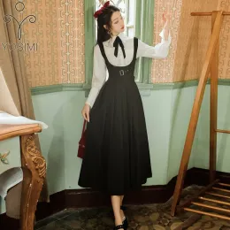 Suits YOSIMI 2 Piece Outfits 2022 Spring Women Full Sleeve Lantern Sleeve White Shirt and Black Strap Dress Skirt Set Midcalf Dress